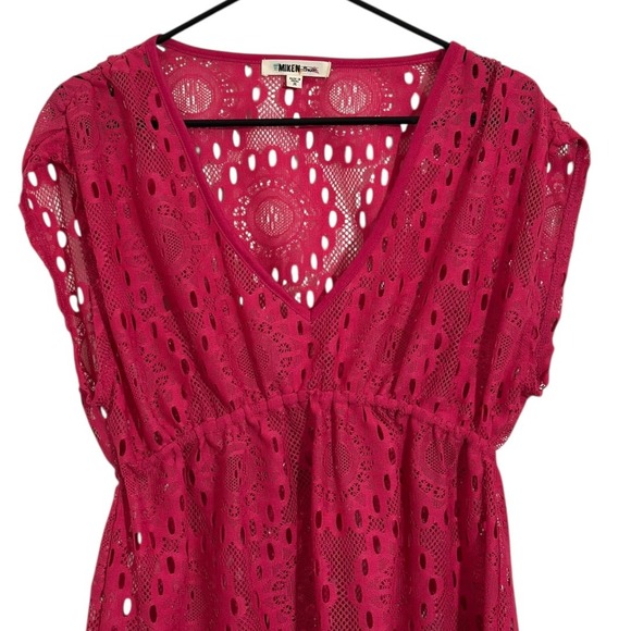 Miken Swim Pink Crochet Lace V-Neck Empire Waist Cover Up Dress Size Medium NWT - Picture 3 of 7